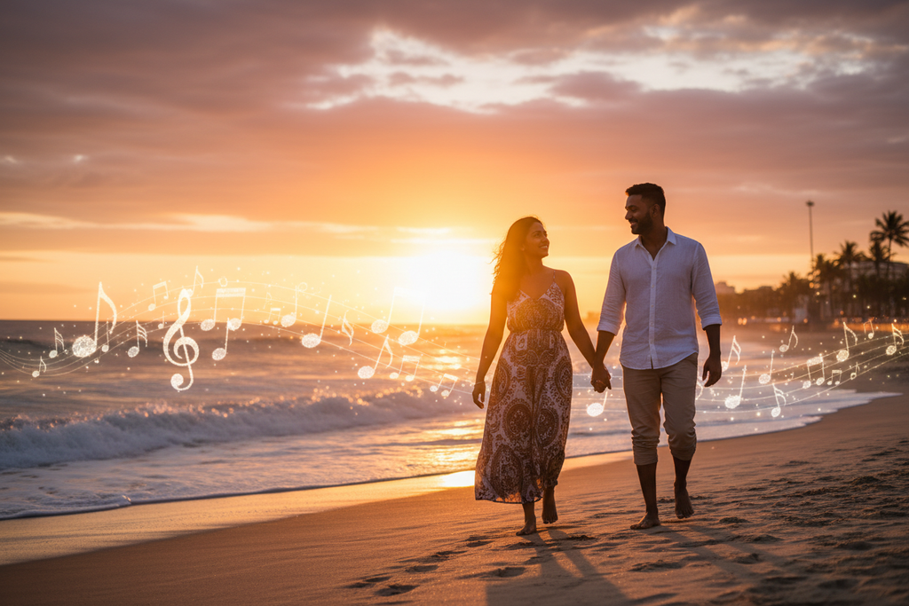 Indian South African couple walking on the Durban beachfront at sunset