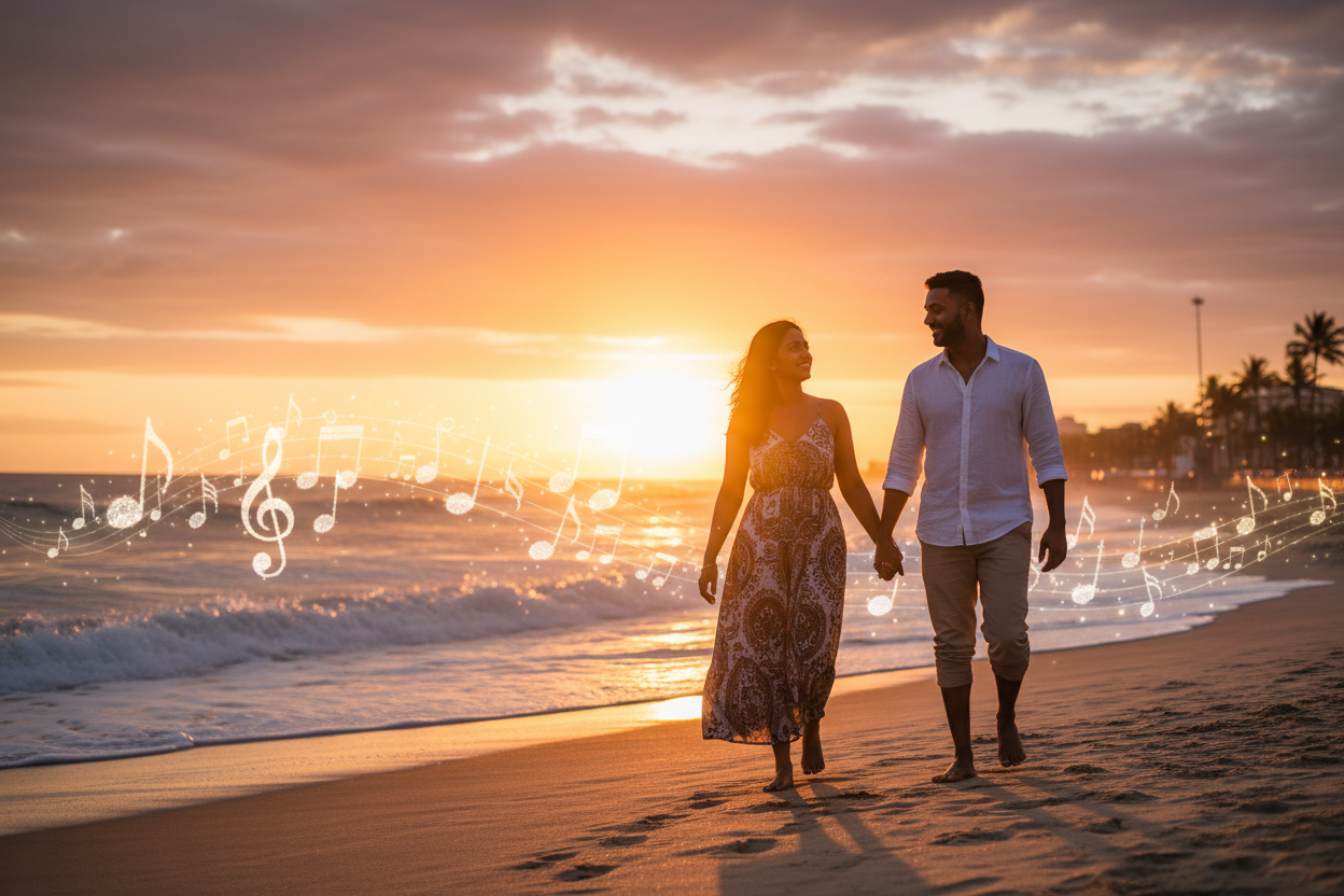 Indian South African couple walking on the Durban beachfront at sunset