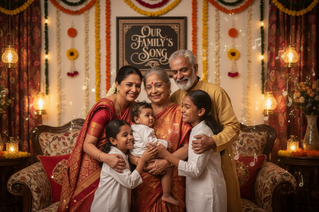 Indian South African family celebrating together in a beautifully decorated Durban home