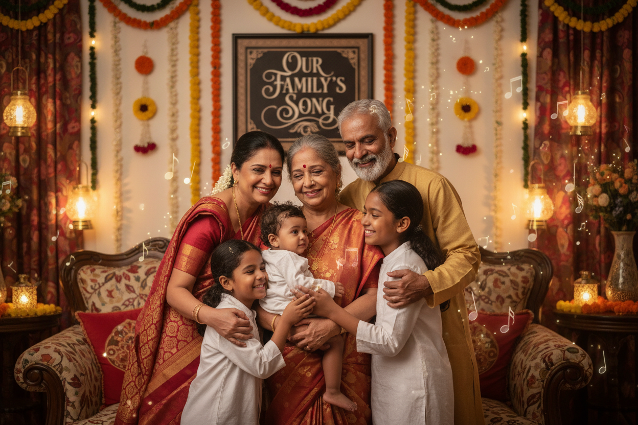 Indian South African family celebrating together in a beautifully decorated Durban home