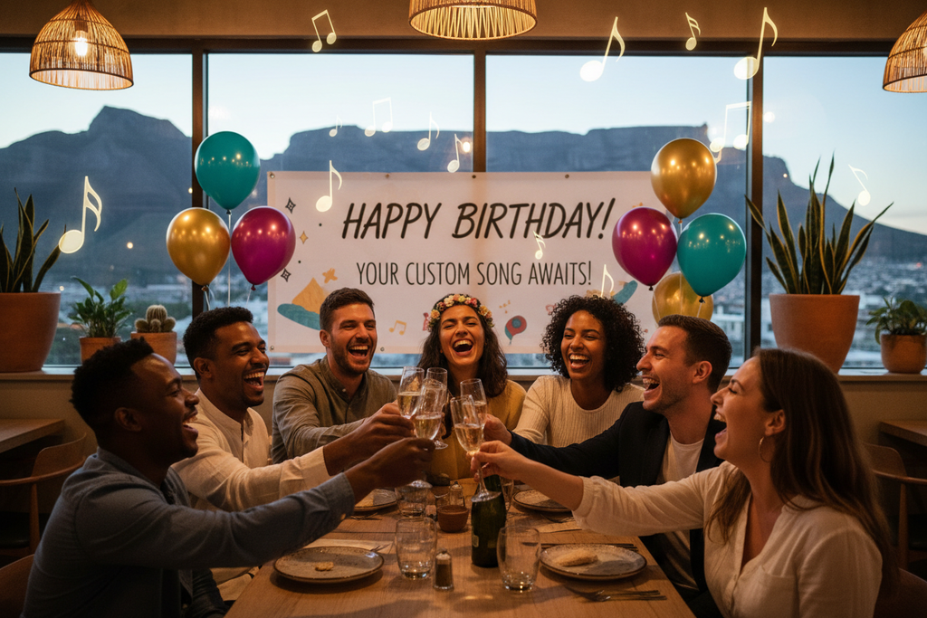 Diverse mixed race group of South African friends celebrating a birthday in Cape Town