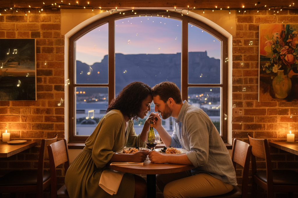 Mixed race couple at a Cape Town restaurant with Table Mountain in the background