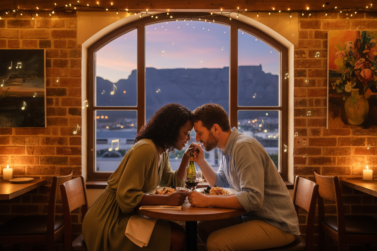 Mixed race couple at a Cape Town restaurant with Table Mountain in the background