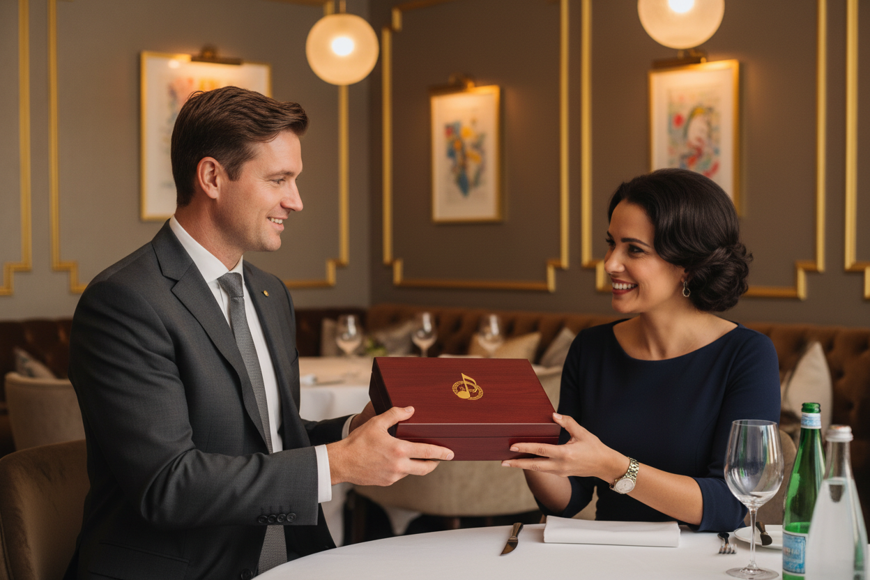 White South African executive presenting a luxury music gift box to a client in Johannesburg