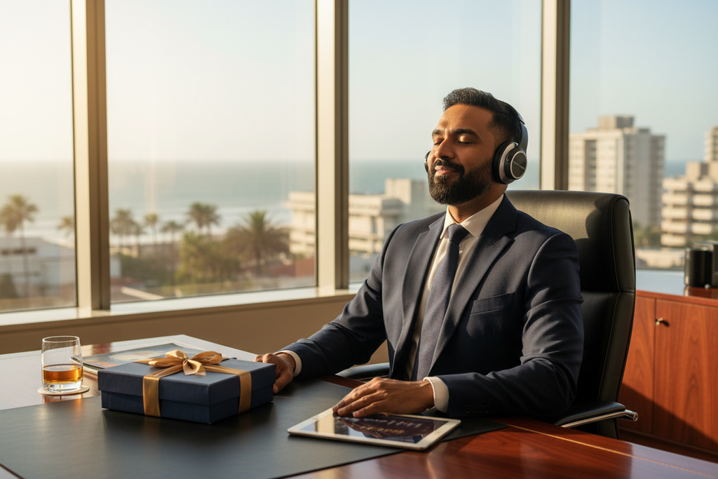 Indian South African businessman listening to premium headphones in a Durban office