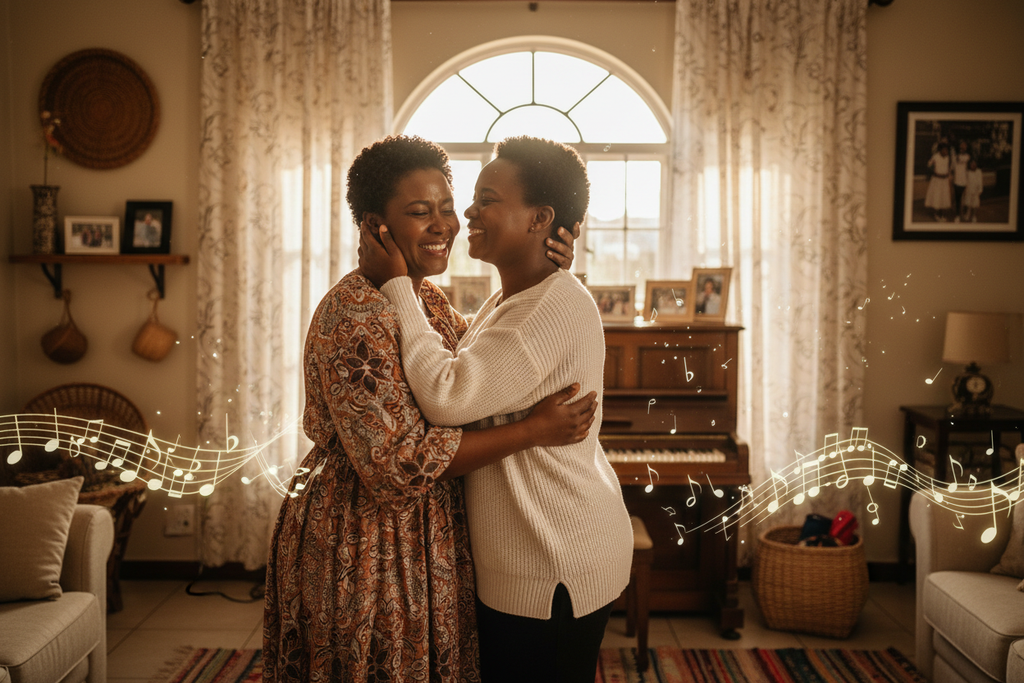 Black South African mother and daughter sharing a loving embrace in a Soweto home