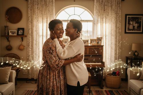 Black South African mother and daughter sharing a loving embrace in a Soweto home