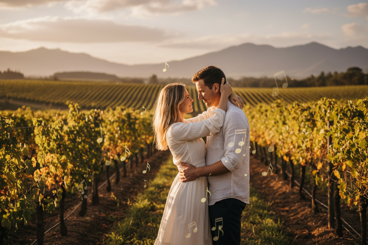 White couple embracing at a Stellenbosch wine farm at golden hour