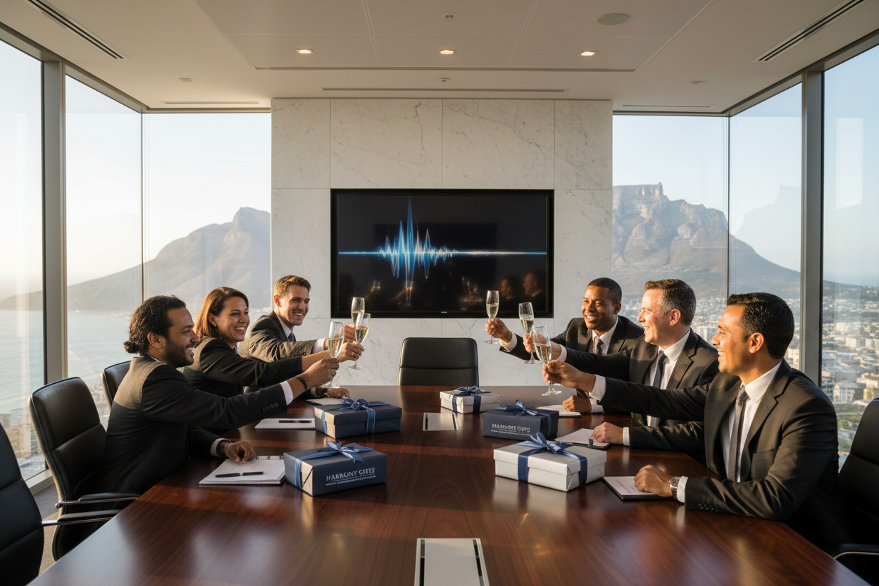 Diverse South African executive team celebrating in a Cape Town boardroom