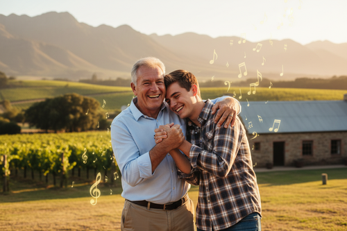 White South African father and son sharing a proud hug on a Cape Winelands farm