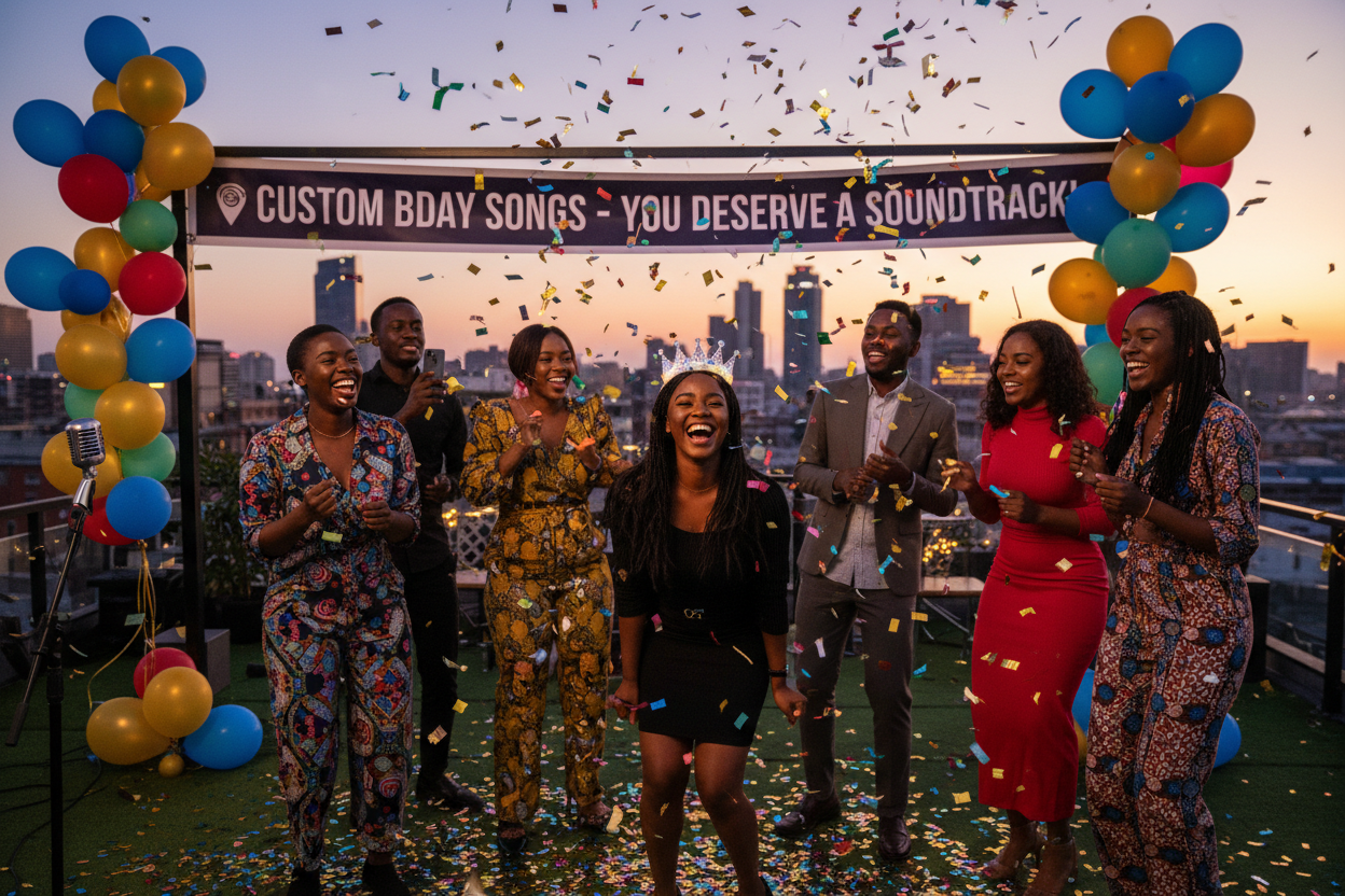 Black South African friends celebrating a birthday at a Johannesburg rooftop party