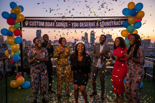 Black South African friends celebrating a birthday at a Johannesburg rooftop party