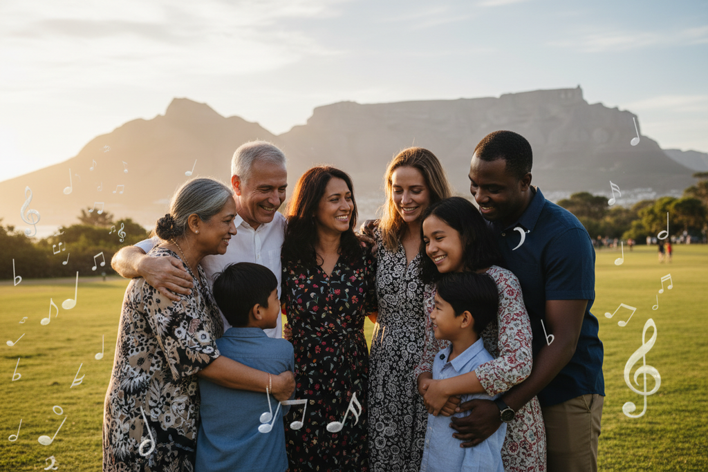 Diverse mixed race South African family sharing a warm group hug in a Cape Town park