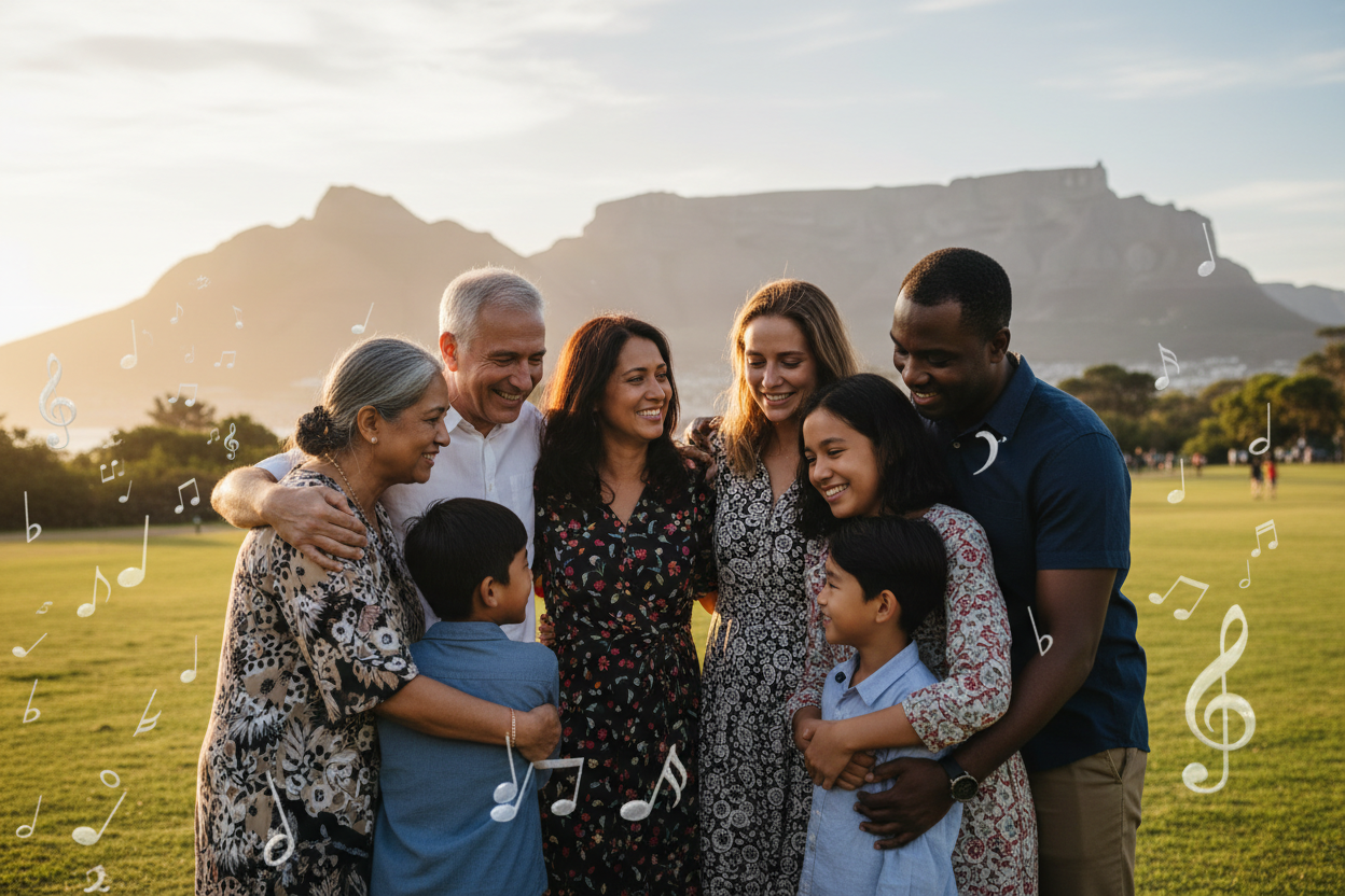 Diverse mixed race South African family sharing a warm group hug in a Cape Town park