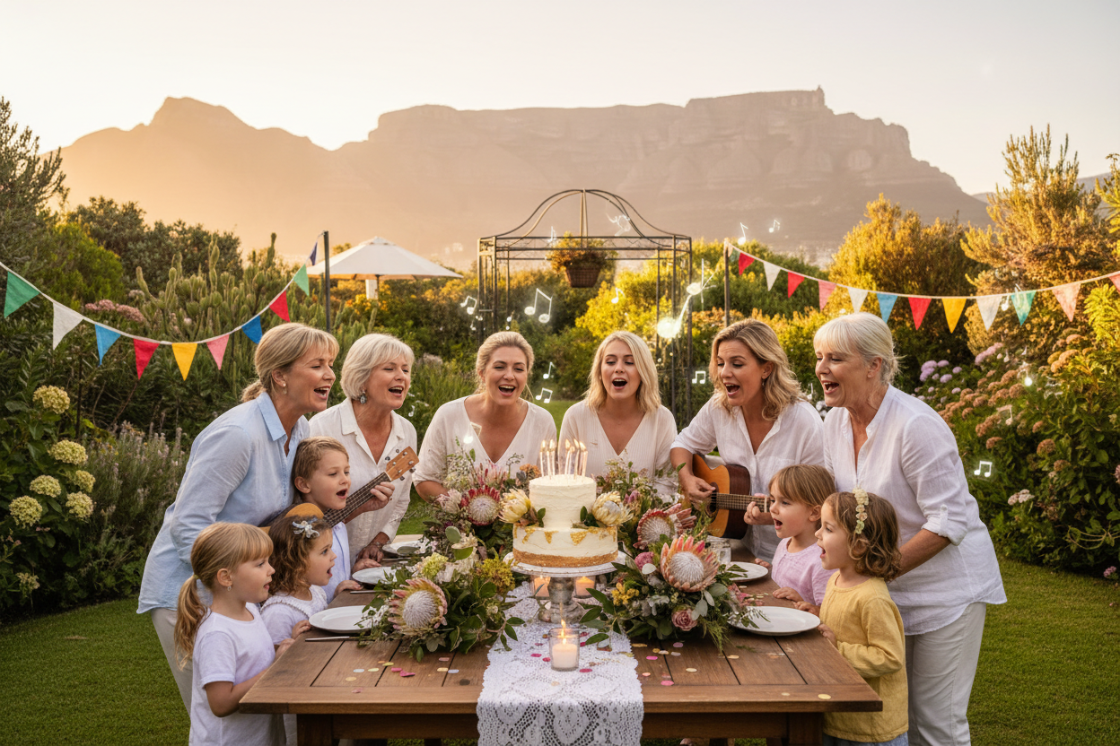 White South African family celebrating a birthday at a Cape Town garden party
